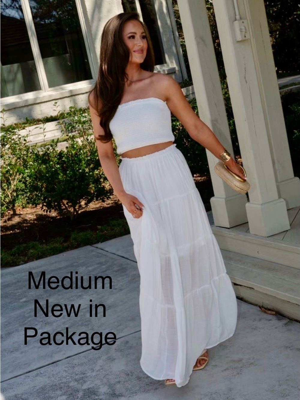 Strapless White 2 piece set – Smocked Bandeau Top with Tiered Skirt